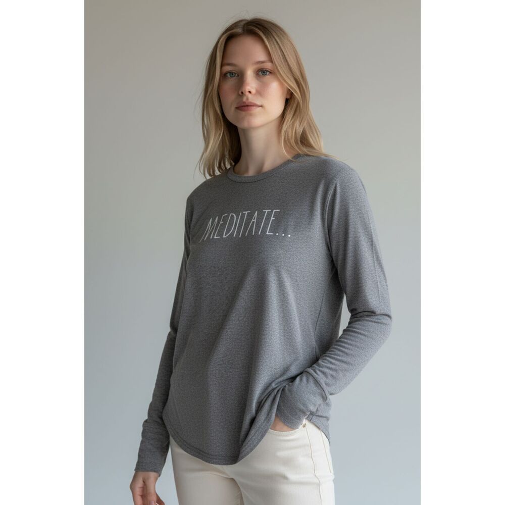 Rae Dunn "MEDITATE" Women's Long Sleeve Activewear Top Keyhole Back Thumbholes